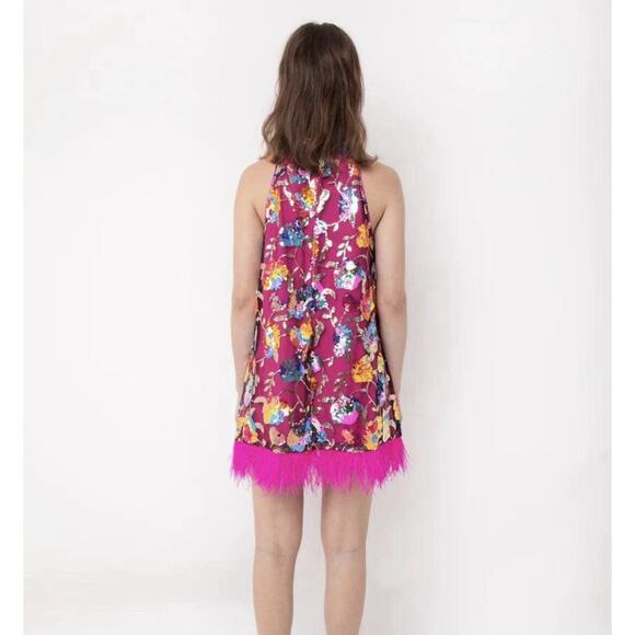 Amylynn Floral Sequined Mini Dress Size Large Pink w/Feather Trim Bnft Charity - Picture 2 of 12